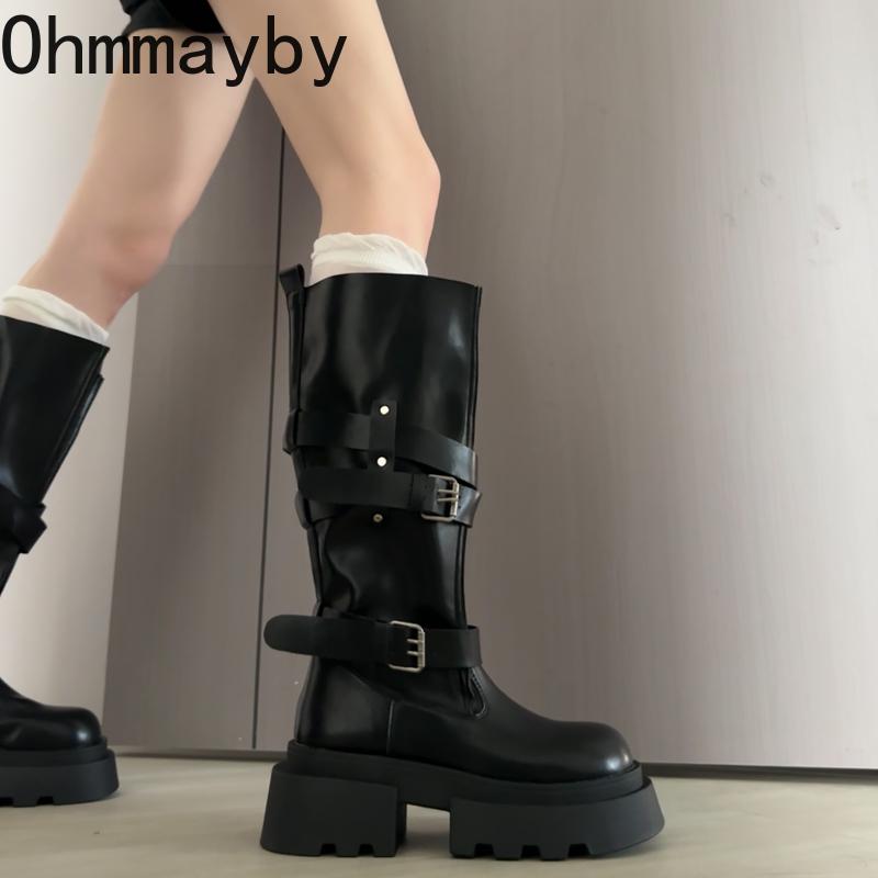 Winter Fashion Platform Woman Knight High Boots Fashion Belt Buckle Thick Sole Shoes Ladies Slip On Modern Long Botas