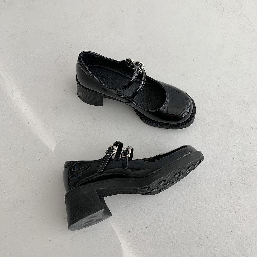 Mary Jane Single Shoes Women'S High Heels New Retro British Style Jk Shoes Black French Thick Heel Small Leather Shoes