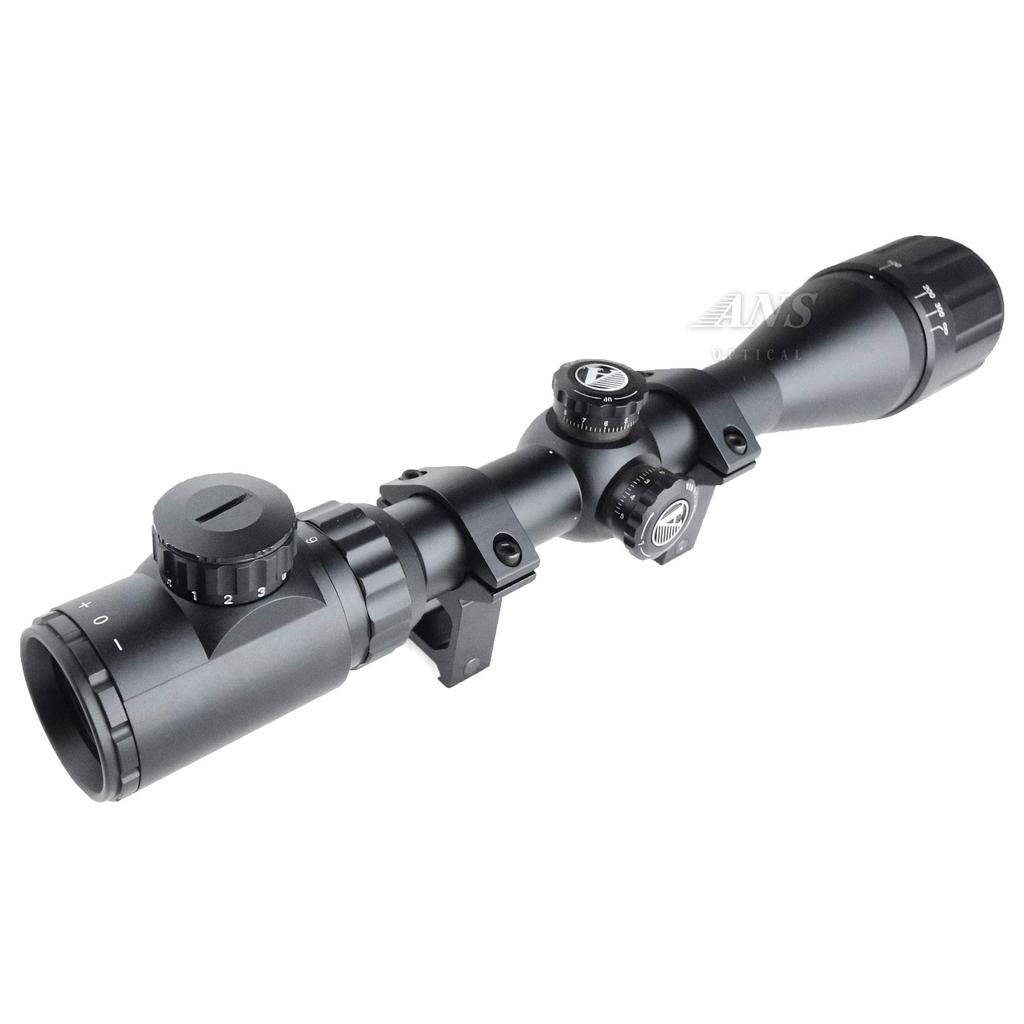ANS Optical Front Focus Rifle Scope Illuminated Front Hood Kill Flash High Mount Ring with Butler Cap 3-9x40AOE Red/Green/Blue