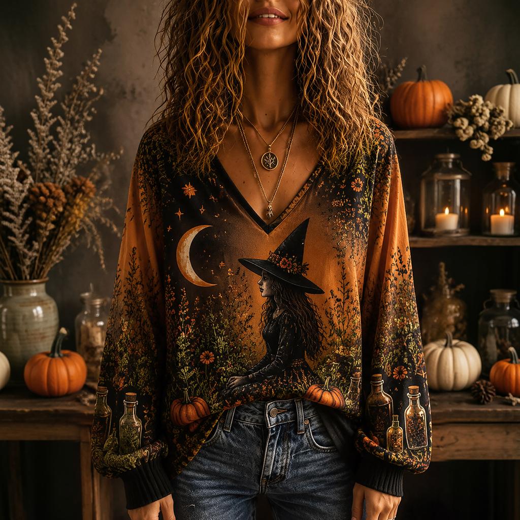 Women's V-Neck Top for Halloween and Fall Occasions