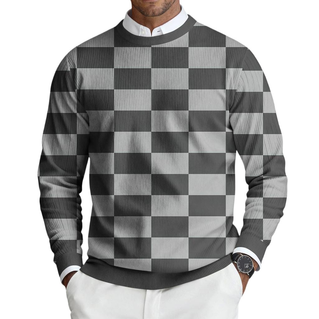 Męski sweter z okrągłym dekoltem, długim rękawem i prążkowanej dzianiny