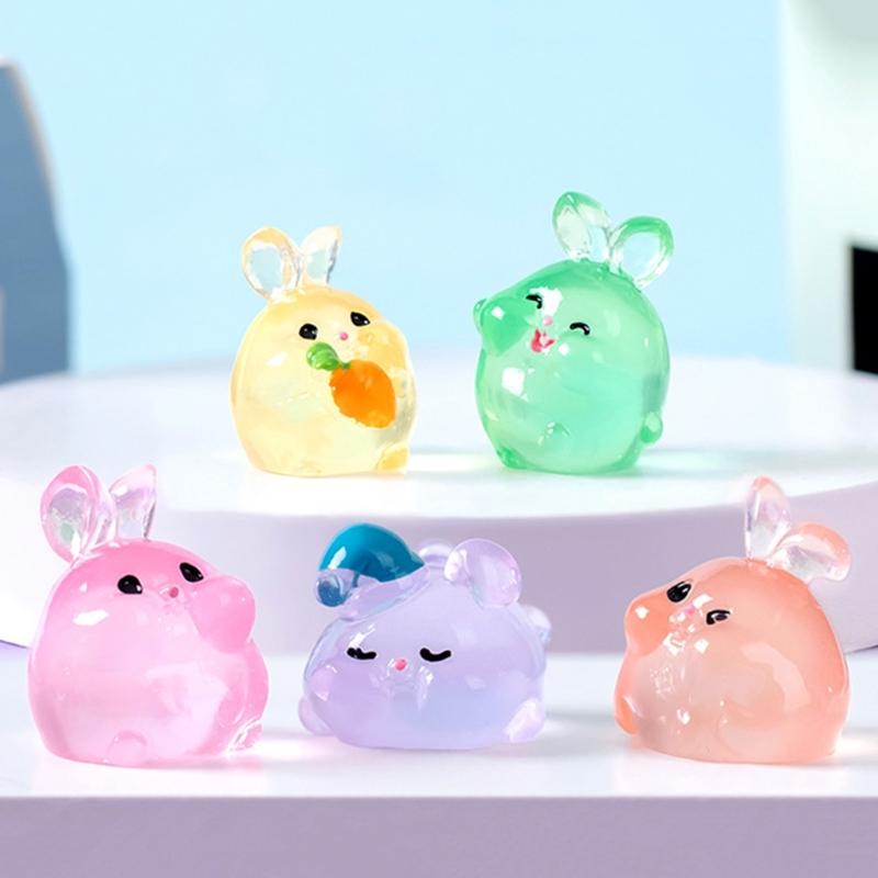 6 Piece Resin Rabbit Figurine Set with Glow Feature Miniatures Rabbit Ornament for Bedroom, Living Room, Study