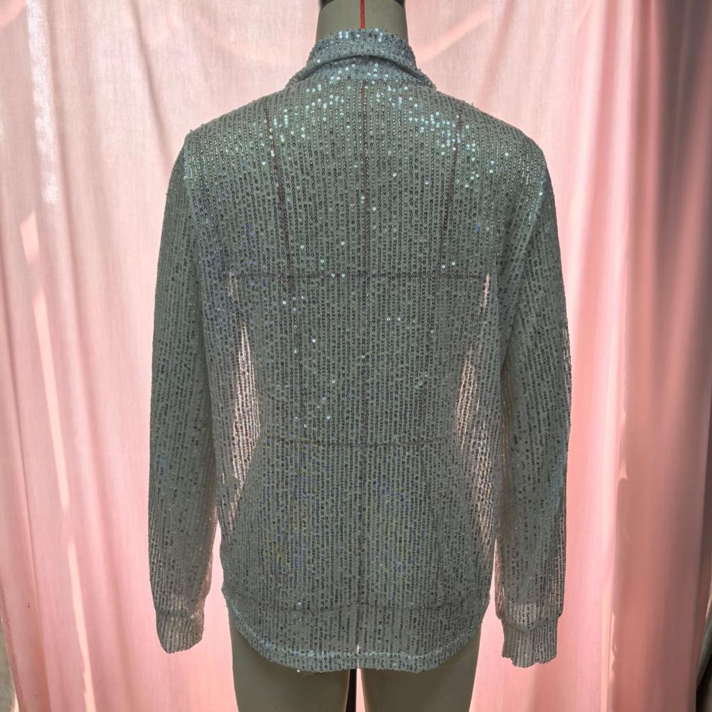 Loose Long Sleeved Fashionable Party Costumes Cardigan Top with Sparkling Sequins Women's Blouses & Shirts