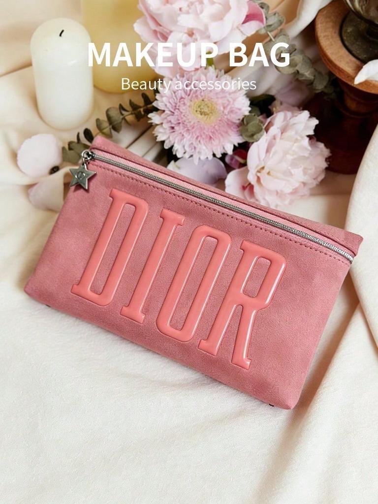 DIOR 1 Piece Pink Zipper Makeup Bag Embossed DIOR Letter Star Pendant Portable Cosmetic Pouch for Women Travel Daily Use