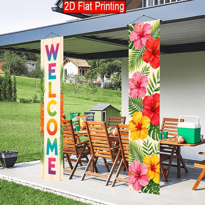 2D Flat, 2pcs 2D Flat Summer Tropical Themed Polyester Door Couplet, Featuring Pink, Bright Red, and Bright Yellow Flowers, Paired with a Large Piece