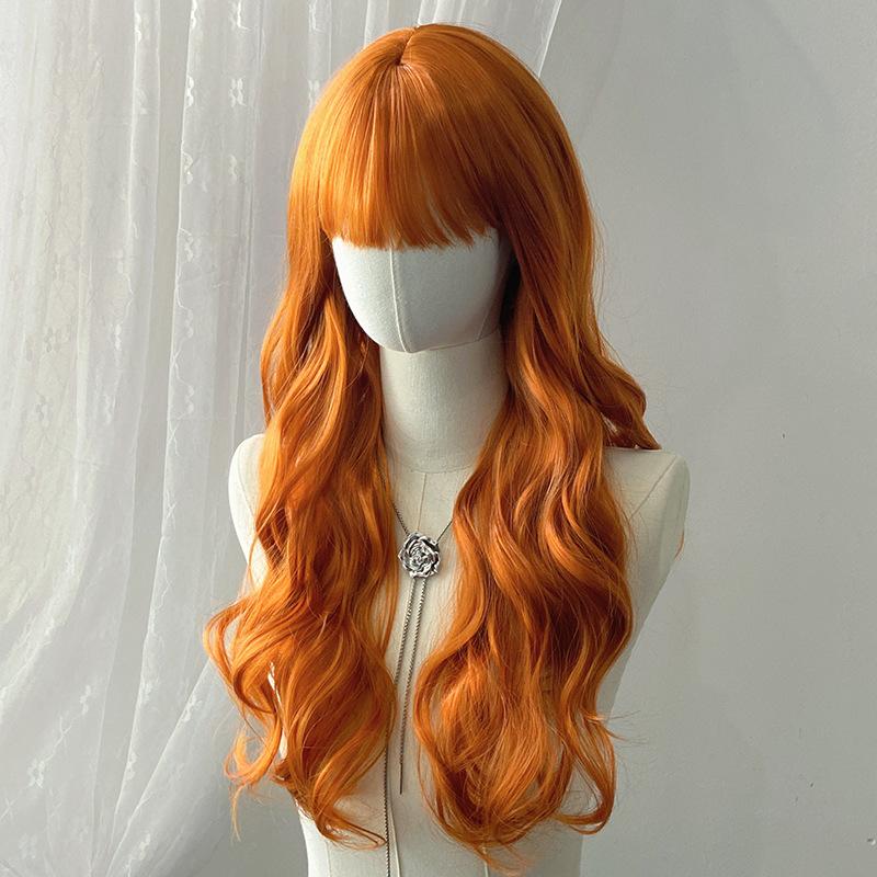Japanese Korean Black Long Curly Hair Wig Women's Air Bangs Big Waves Synthetic Full Head Cover