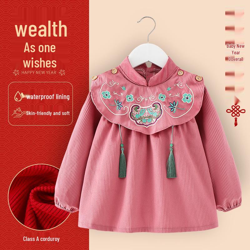 Children's Chinese-Style Corduroy Coverall: Waterproof, Dirt-Proof, Reversible Tang Suit Apron for Boys & Girls, Ideal for Autumn and Winter.