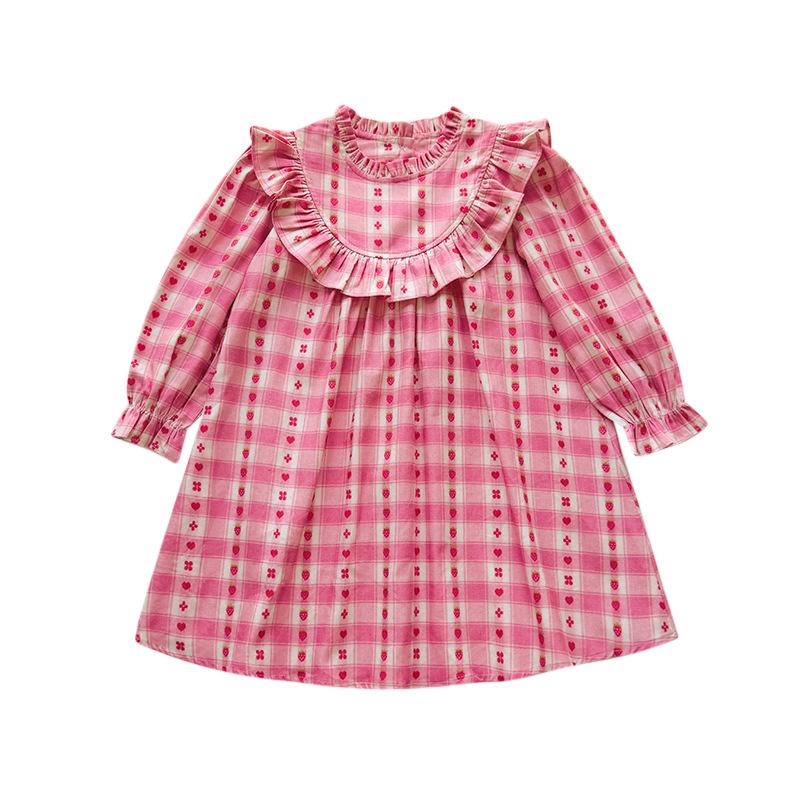 2026 Autumn Korean Style Ruffled Stand Collar Plaid Princess Dress for Girls