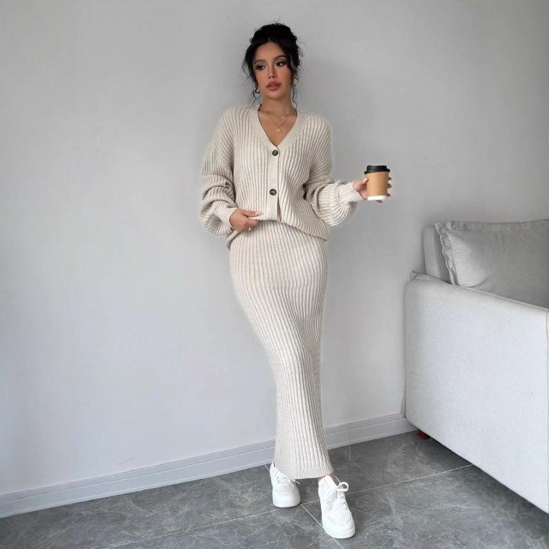 Women's Ribbed Knit Two-Piece Set with Long Sleeve Top and Wide-Leg Pants