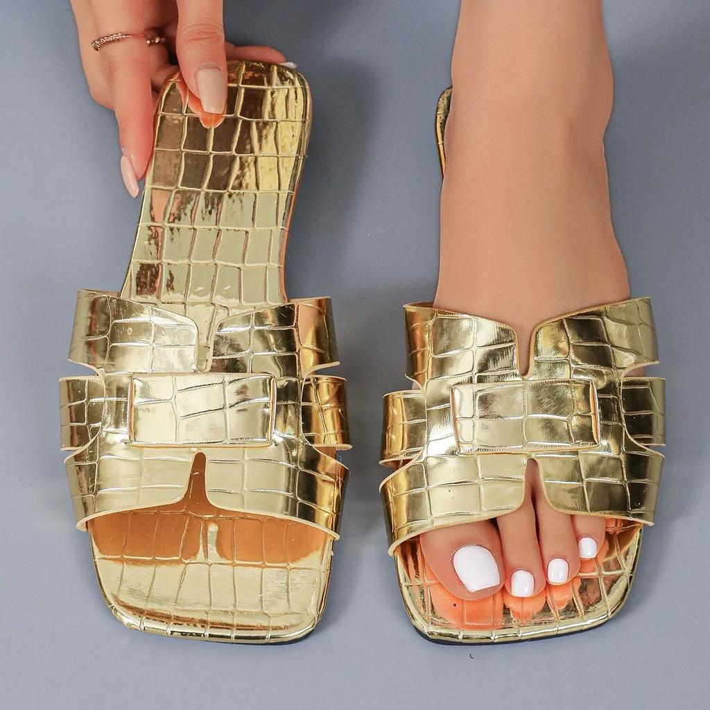 Goldene flache Damen-Sandalen mit offenem Absatz Ledersandalen Badeschuhe Strandschuhe Bequeme Slip-On-Sandalen für Damen