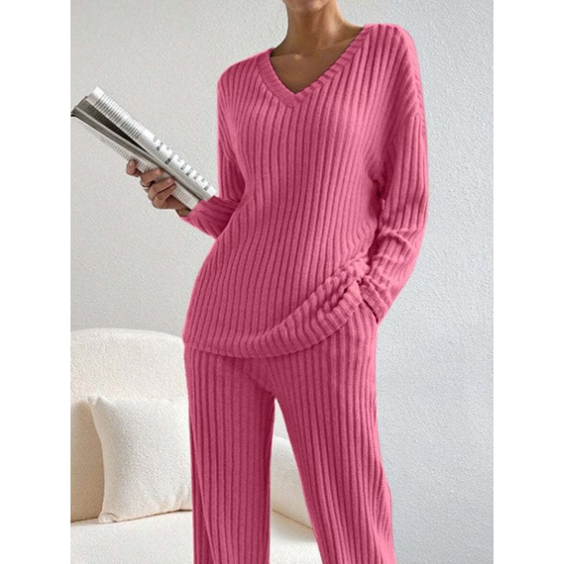 Western Style Spring and Autumn New Cross-Border V-neck Solid Sunken Stripe Loose Long Sleeves Shirt Trousers Casual Two-piece Suit Women Clothes