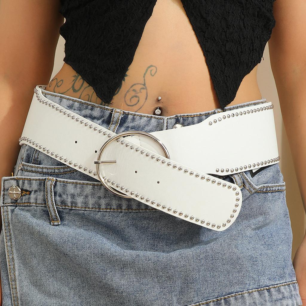 Faux Leather Belt With Rivet Decor And Metal Pin Closure For Trendy Outfits