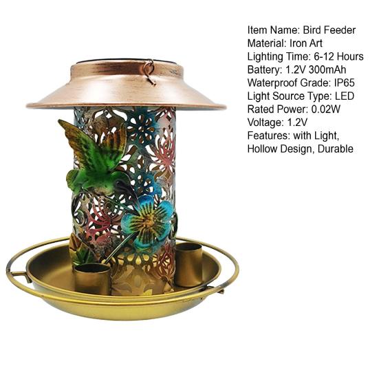 Bird Feeder with Light Hollow Pattern Design Solar Powered Hummingbird Food Holder Lantern Light Garden Decoration