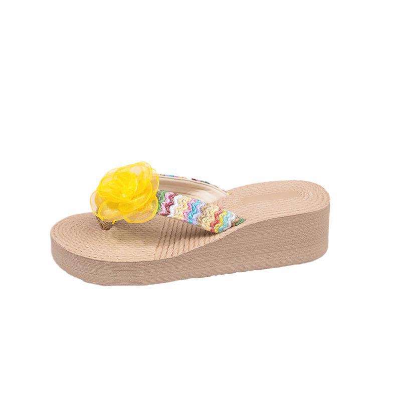 Straw wind beach shoes casual fairy pastoral flowers resort female fashion summer new thick-soled wedges flip-flops