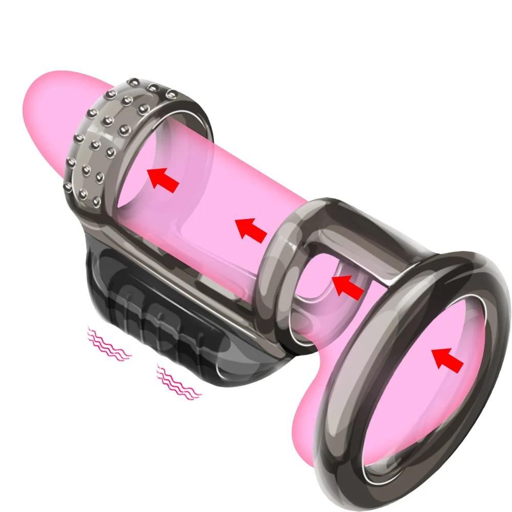 Penis Sleeve Vibrating Cock Ring for Men Adult Sex Toys Reusable Cock Sleeve Couple Vibrator Penis Enlargement Sleeves Men Toys