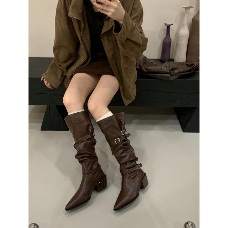 2025 new fashionable versatile European and American suede square heel knight boots long boots thin high boots women