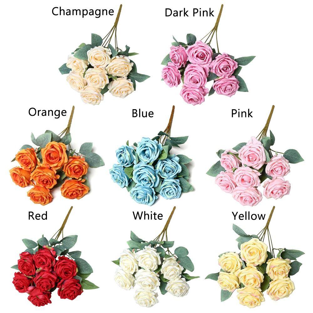 7 Heads Rose Artificial Flower Multicolor Rolled Edge Faux Flower Photo Props Green Leaves Flower Bouquet Wedding Ornament