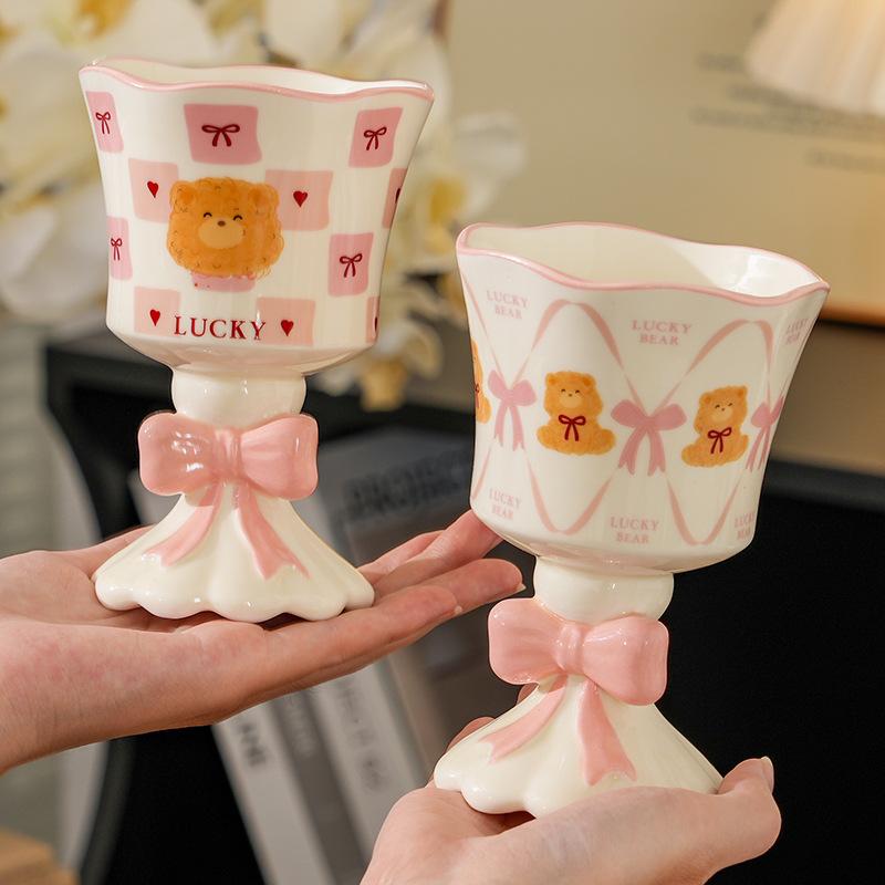 Pink Cartoon Bear Tall Ceramic Mug Ice Cream Cup Cute Wind Wine Glass Egg Gift Box Souvenir