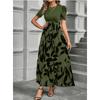 Women Leaf Print Midi Dress, Puff Short Sleeve Crew Neck Wrap Waist Ruffle Hem Long Sundress, Elegant Split Flowy Vacation Casual Party Outfit