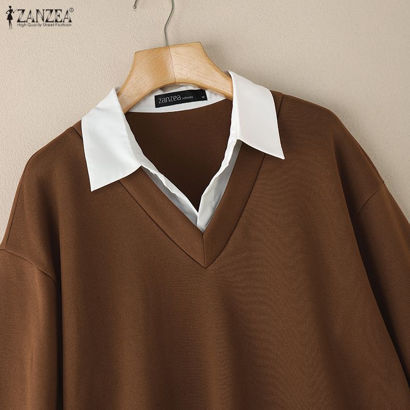 ZANZEA Dame Casual Nedslått Krage Langermet Patchwork Pullover Sweatshirts