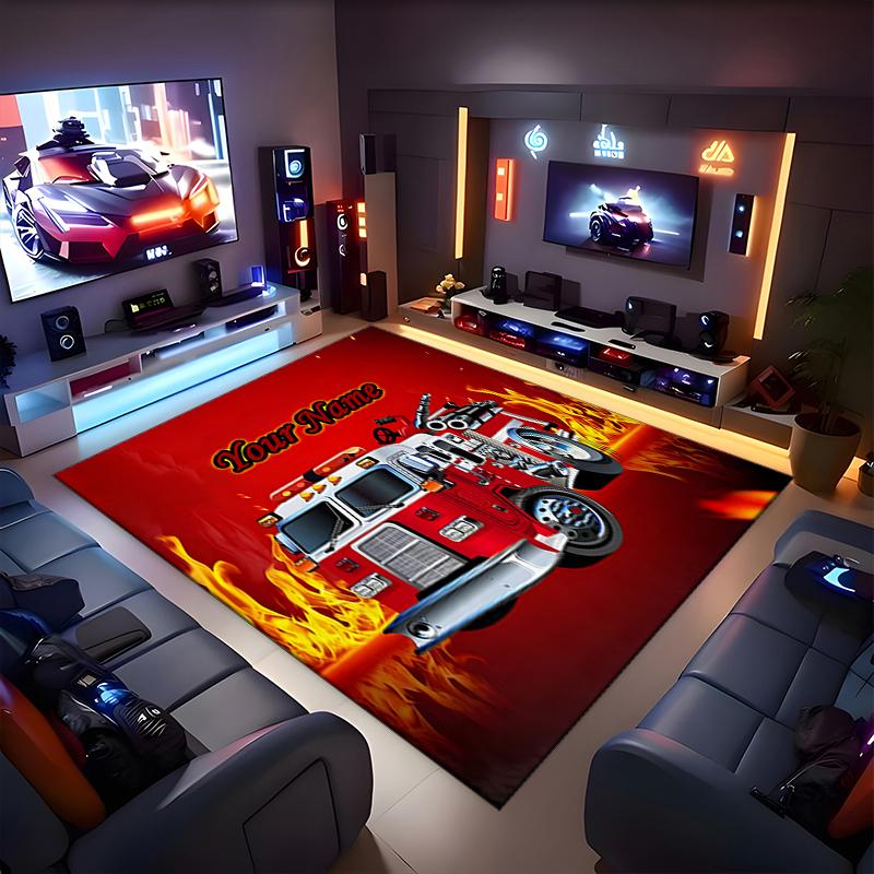 1PC Custom Name Fire Truck Adventure Theme Floor Mat Ideal for Living Room, Game Rooms, Office, Bedroom, Office Floor Mat , Floor Mats for Home