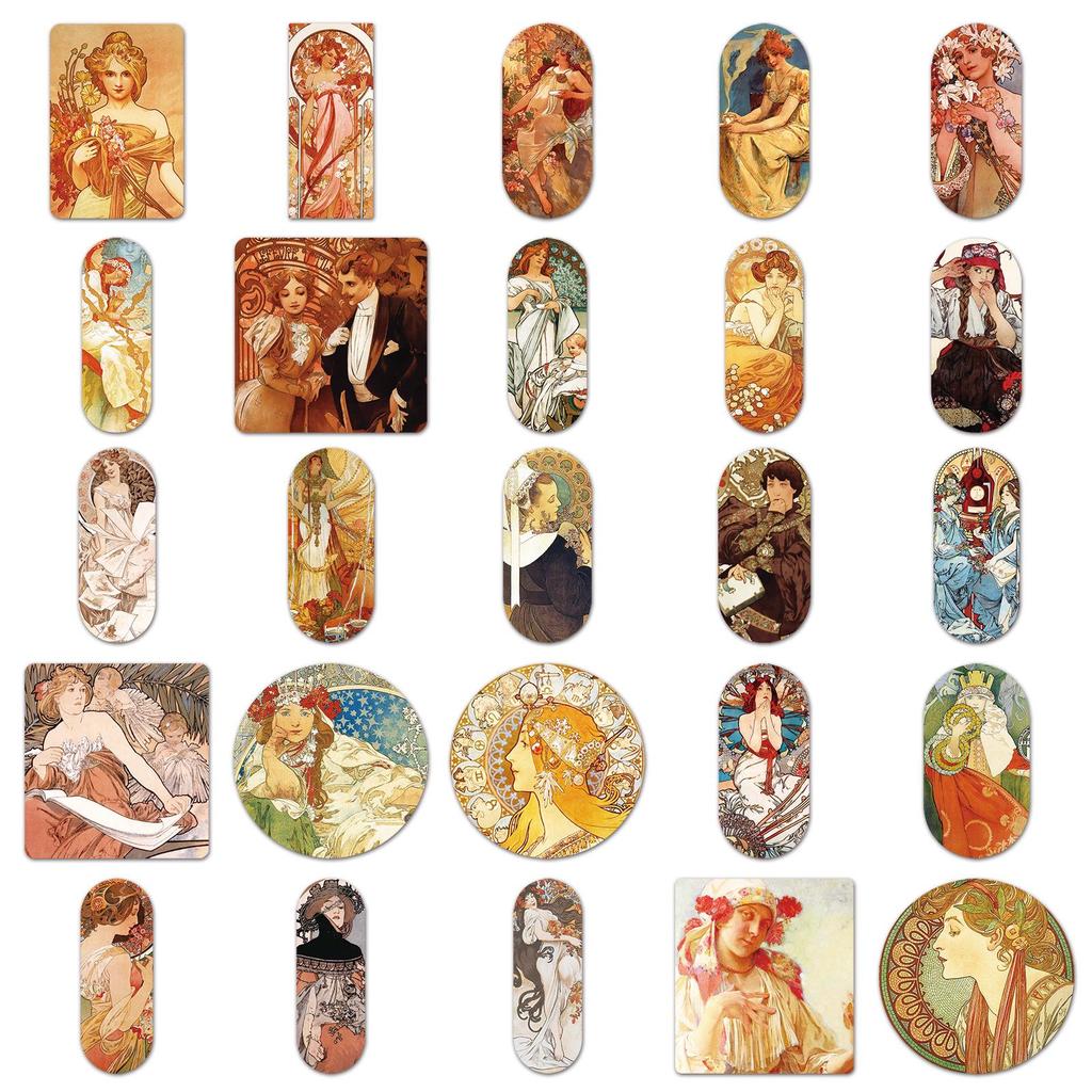 50 Autocolante Decorative Impermeabile: Arta lui Mucha pentru căni termoizolante și huse de telefon