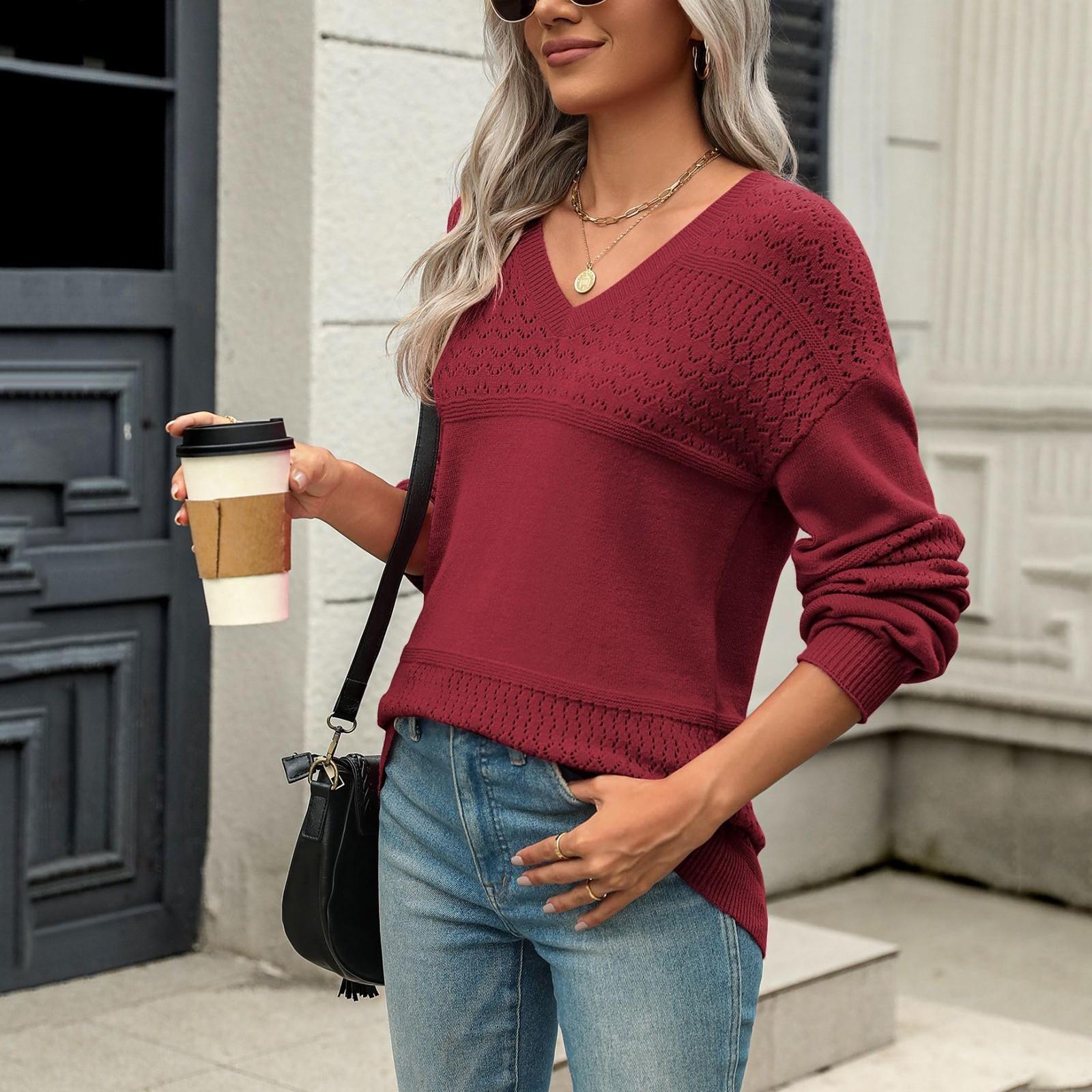 

Темперамент Контрастный однотонный свитер с V-образным вырезом и ажурной вязкой в рубчик XL винный