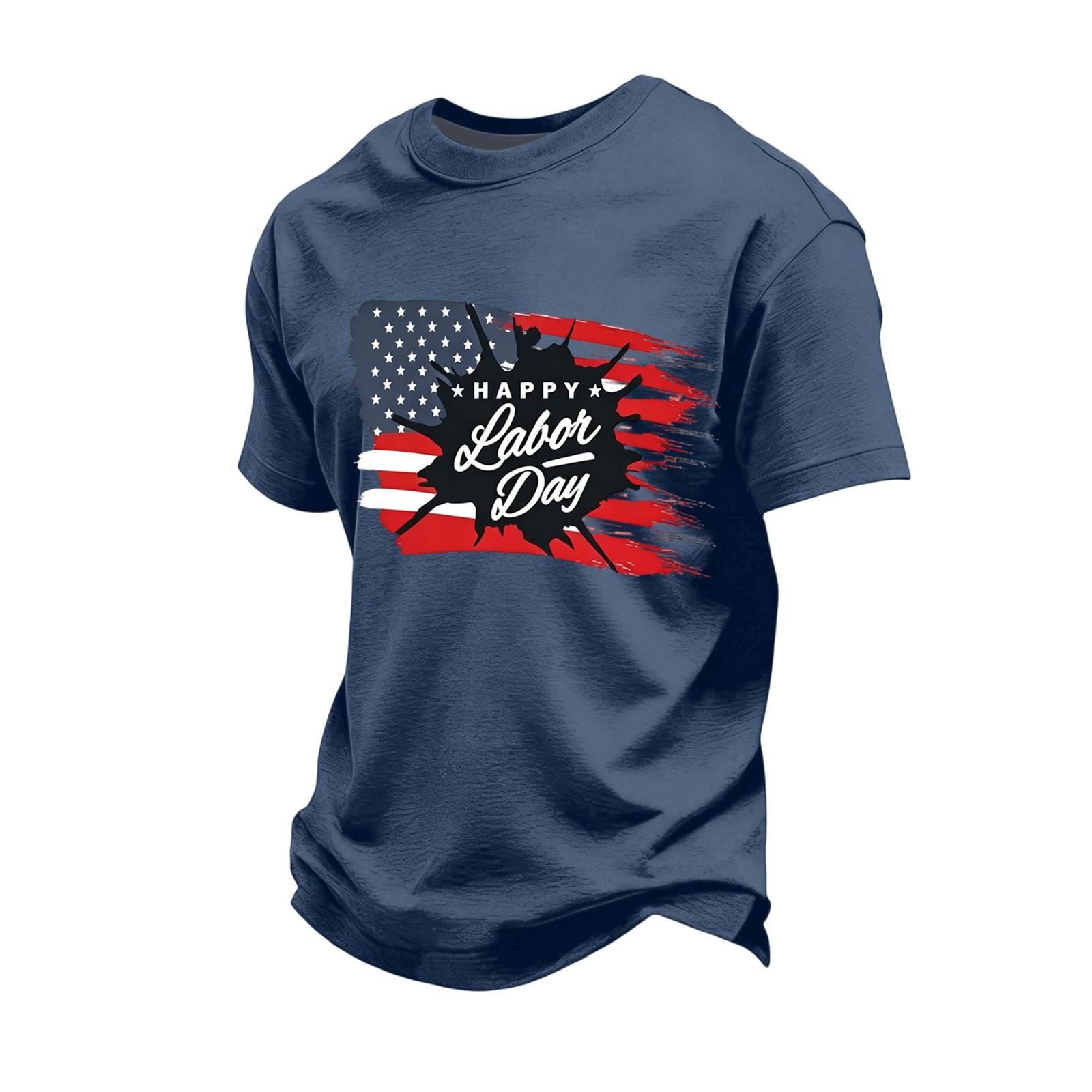 

Men s Loose Fit Casual Short Sleeve T-Shirt Labor Day Print Crew Neck Soft Fabric Comfortable Top for Everyday Wear XL тёмно-синий