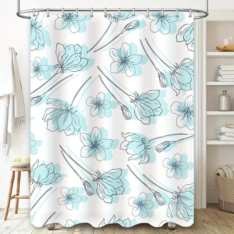 Blue Floral Shower CurtainModern Stylish Decor for Your Bathroom Water Repellent Fabric (White)