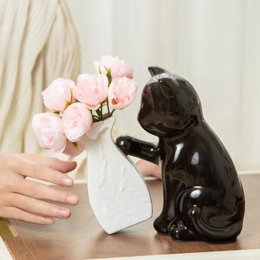Unique Cat Pushing Vase Ceramic Flower Container Kitten with Tilted Flower Vase Shelf Decoration