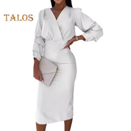 Fall Spring Women Dress V Neck Bubble Sleeves Formal Business Style Slim Fit Solid Color High Waist OL Commuting Office Midi Dress