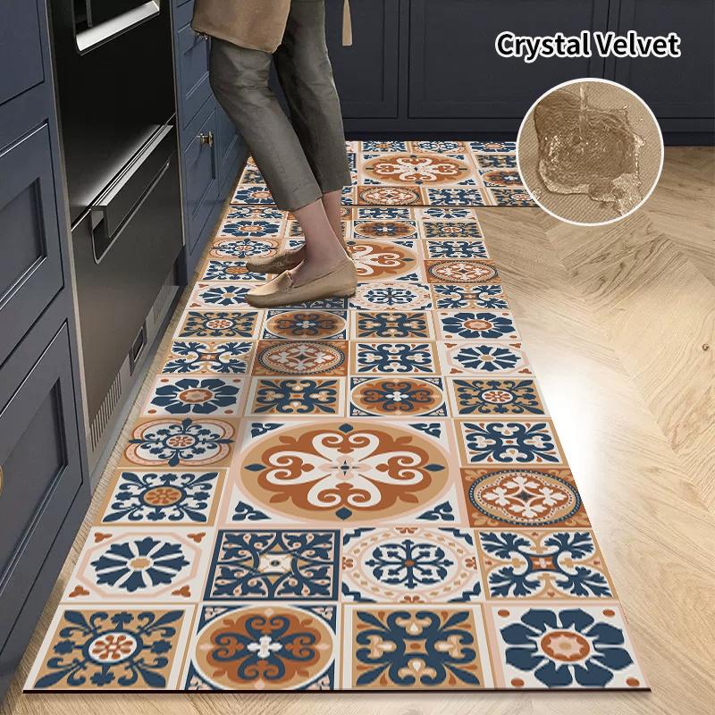 Classic Kitchen Mat Foot Mat Non-slip Kitchen Rug Crystal Velvet Long Carpet Soft Washable Bathroom Rug Kitchen Accessorie Tapis