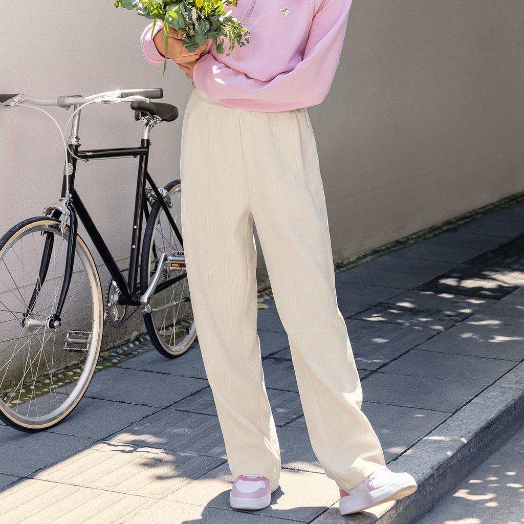 Li Ning Sports Lifestyle Series Mid Waist Casual Straight Leg Drawstring Versatile Knitted Sports Pants Women pants Swan-White AKLU912-4