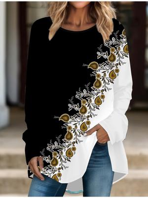 Mujeres Talla Grande Primavera Retro Estampado Cómodo Manga Larga Cuello Redondo Camiseta Casual Holgada Largo Medio Tops
