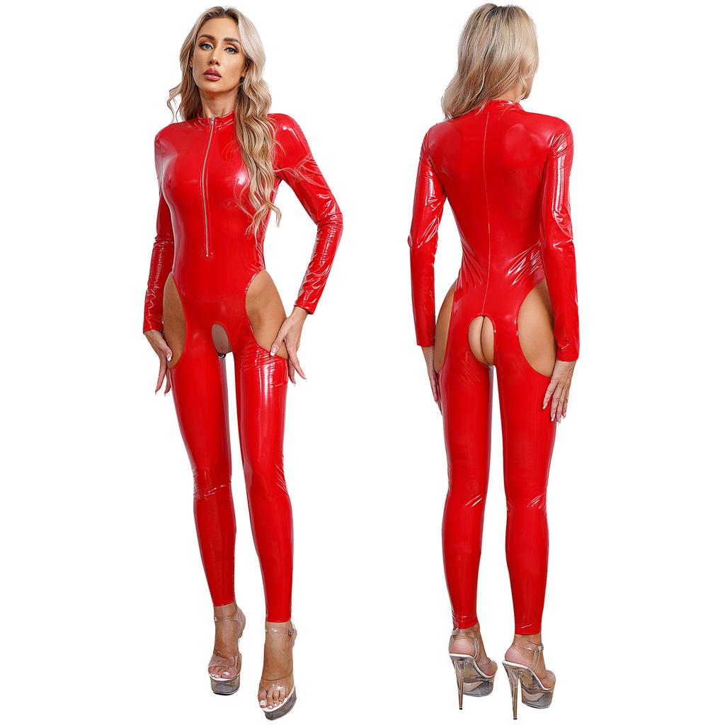 Kvinners ett stykke langermet skrittløs jumpsuit Wet Look Patent Leather Glidelås Bodysuit Catsuit