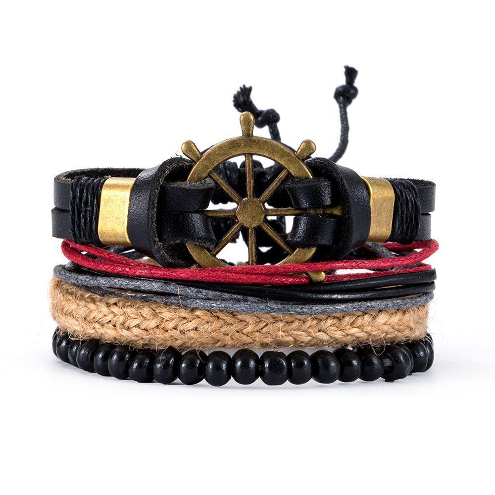 4Pcs/ Set Braided Wrap Leather Bracelets for Men Vintage Life Tree Rudder Charm Wood Beads Ethnic Tribal Wristbands