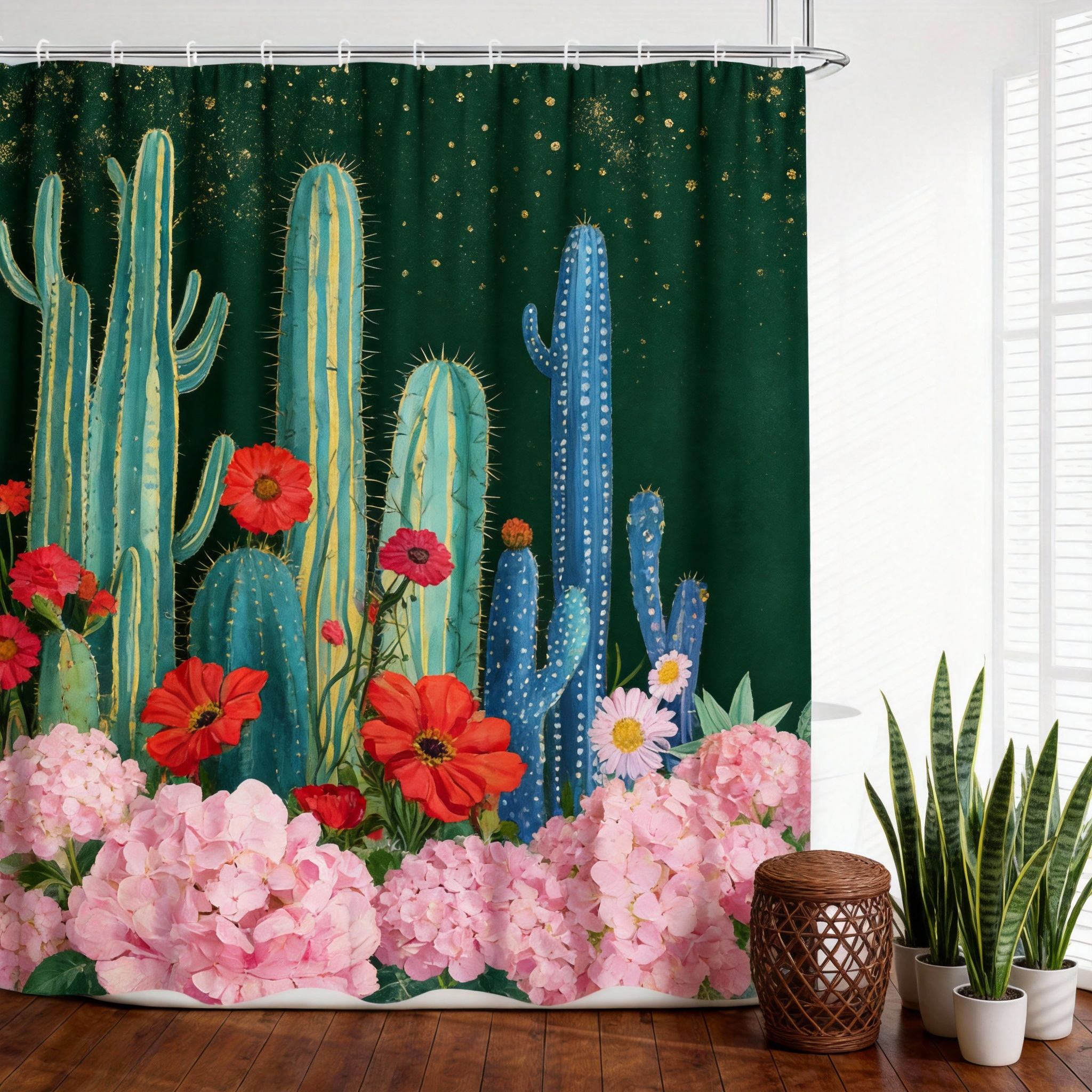

Cactus Shower Curtain 180X180Cm – Whimsical Desert Garden With Blooms, Boho Southwestern Bathroom Decor, 12 Hooks W60H190(CM)-1 Pcs
