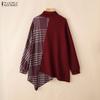 ZANZEA Women Stand Collar Long Sleeve Plaid Print Patchwork Irregular Pullover Tops