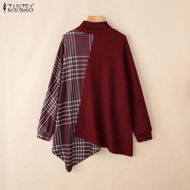 ZANZEA Women Stand Collar Long Sleeve Plaid Print Patchwork Irregular Pullover Tops