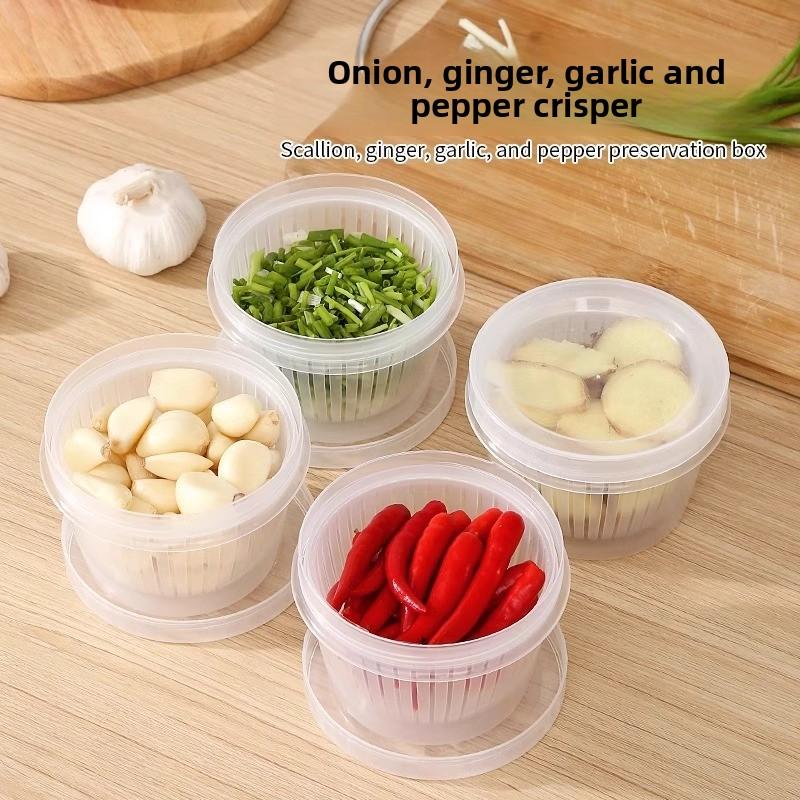 Refrigerator Small Ingredients Round Vegetable Preparation with Lid Drain Kitchen Onion, Ginger and Garlic Cooler