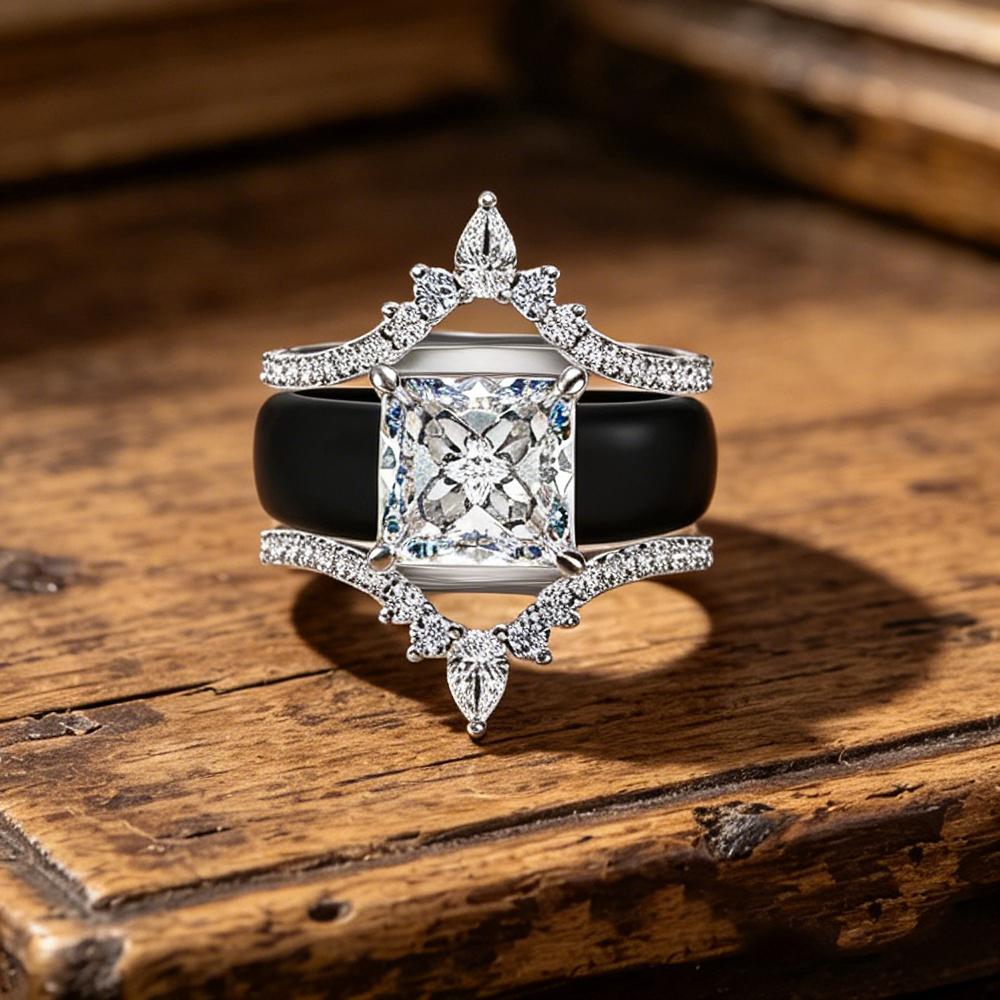 Black Silicone Crown Wedding Ring Set S Princess Cut CZ Stackable Engagement Rings for Women Bridal Promise Jewelry Gift