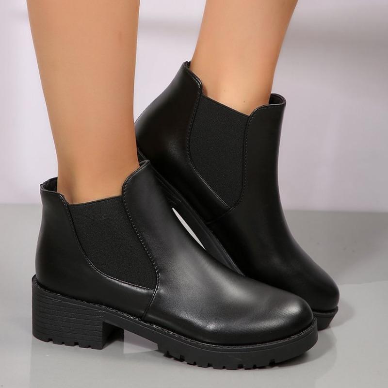 Large Size Round Head Square Heel Elastic Black Fashion Boots Autumn and Winter New Short Women's Boots Emu