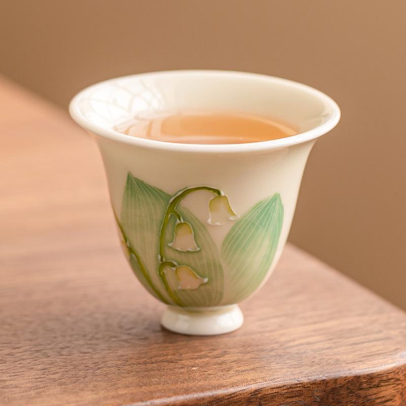 Hand Painted Lily of the Valley Ceramic Tea Cup Personal Master Cup Gongfu Tea Set for Tea Ceremony Home Use Aesthetic Gift