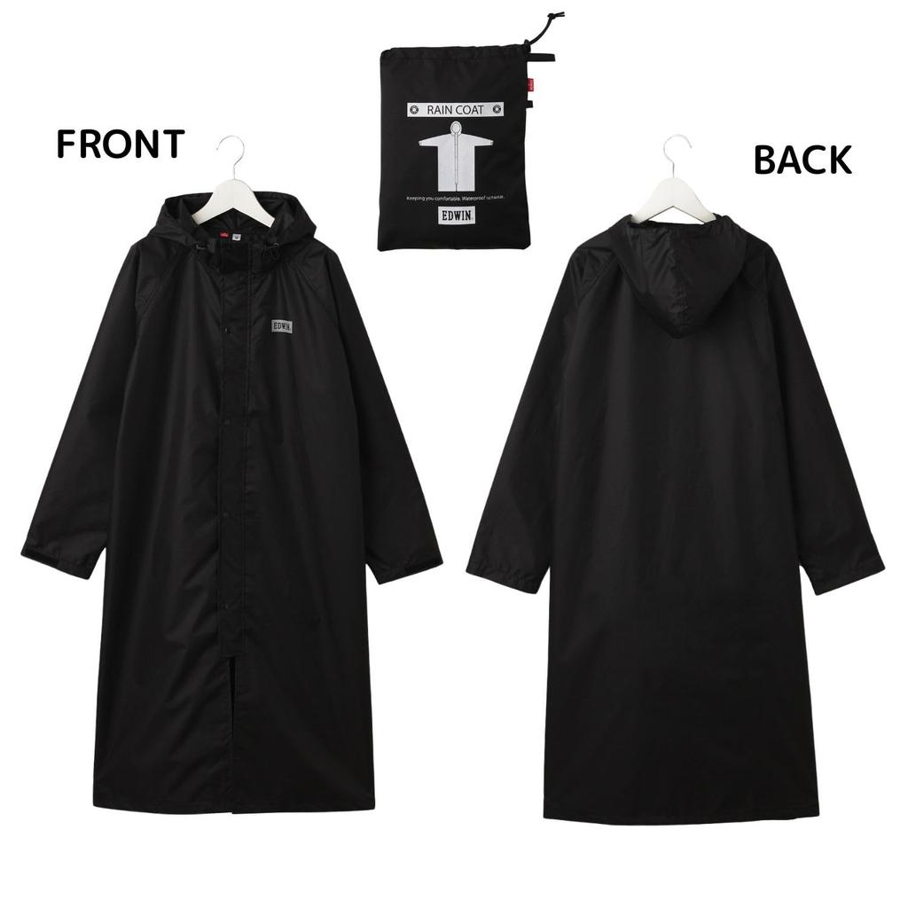 Moonbat EDWIN Long Raincoat with Storage Size L Pouch, Water-Repellent, Black, (53069)