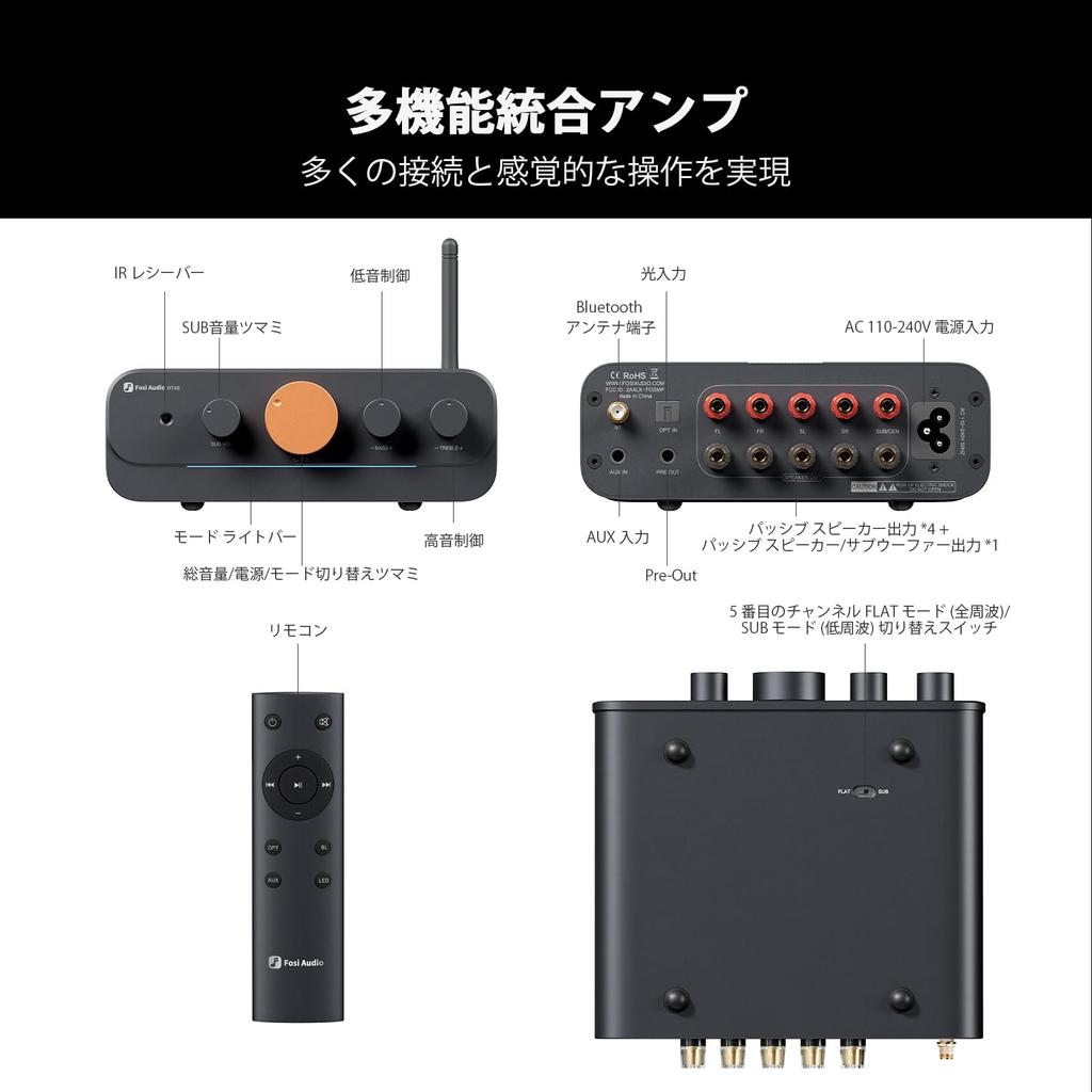Fosi Audio HT4S Bluetooth Power Amplifier for Outdoor Bass Sim Racing Channel Stereo Home Audio Receiver with Remote Japanese Instruction Manual