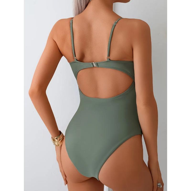 2026 Sexy Slim Strappy Swimsuit One Piece Army Green Tie String Swimwear Female Bathers Bathing Swimming Suit Padded  Beachwear