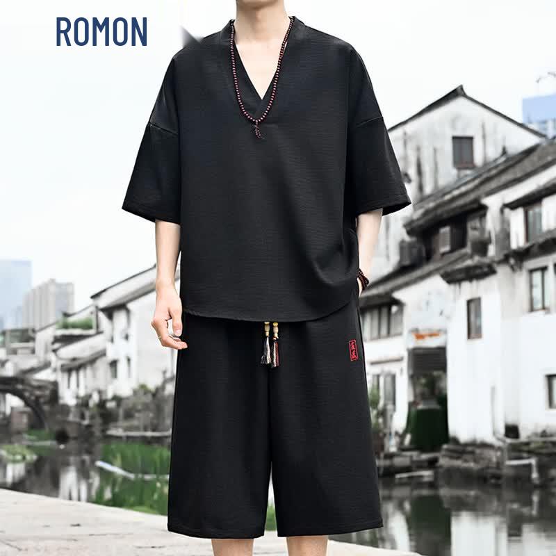 ROMON Men s New Chinese Style Short Sleeve Casual Sportswear Set 5XL