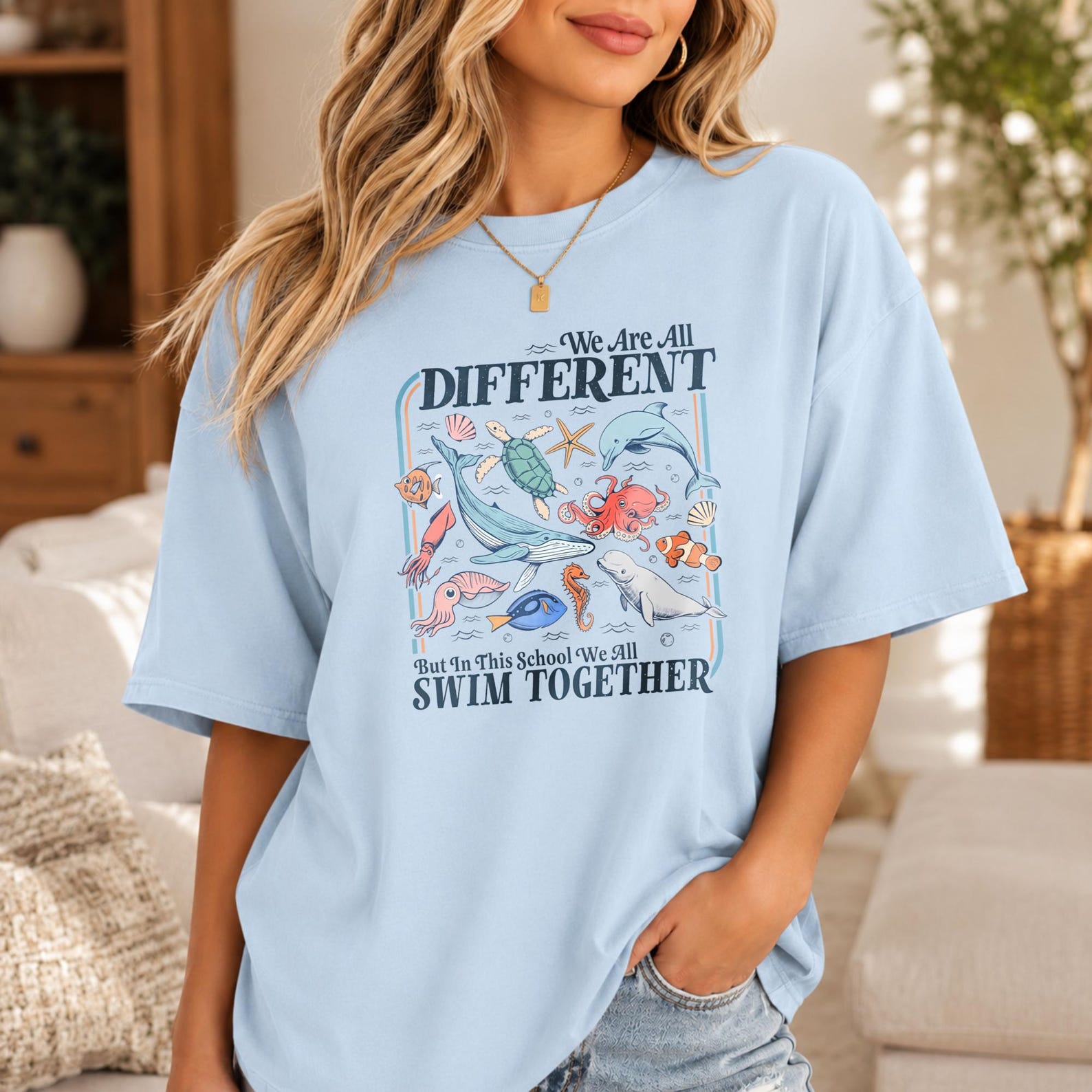 We Are All Different Swim Together Ocean Animal Tee, Vintage Sea Creature Dolphin Turtle White Top, Inclusive Classroom Teacher Cotton Shirt 4XL