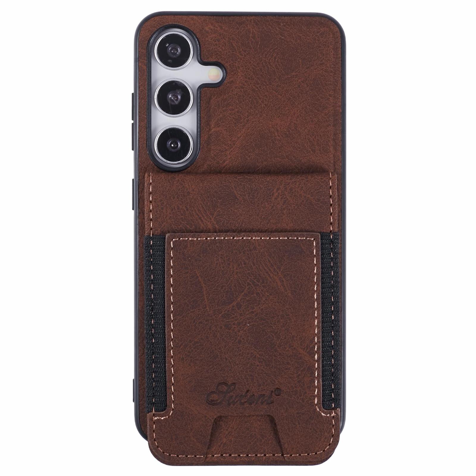

For Samsung Galaxy S24+ Magnetic Case Card Slots Leather+TPU Kickstand Phone Cover Brown