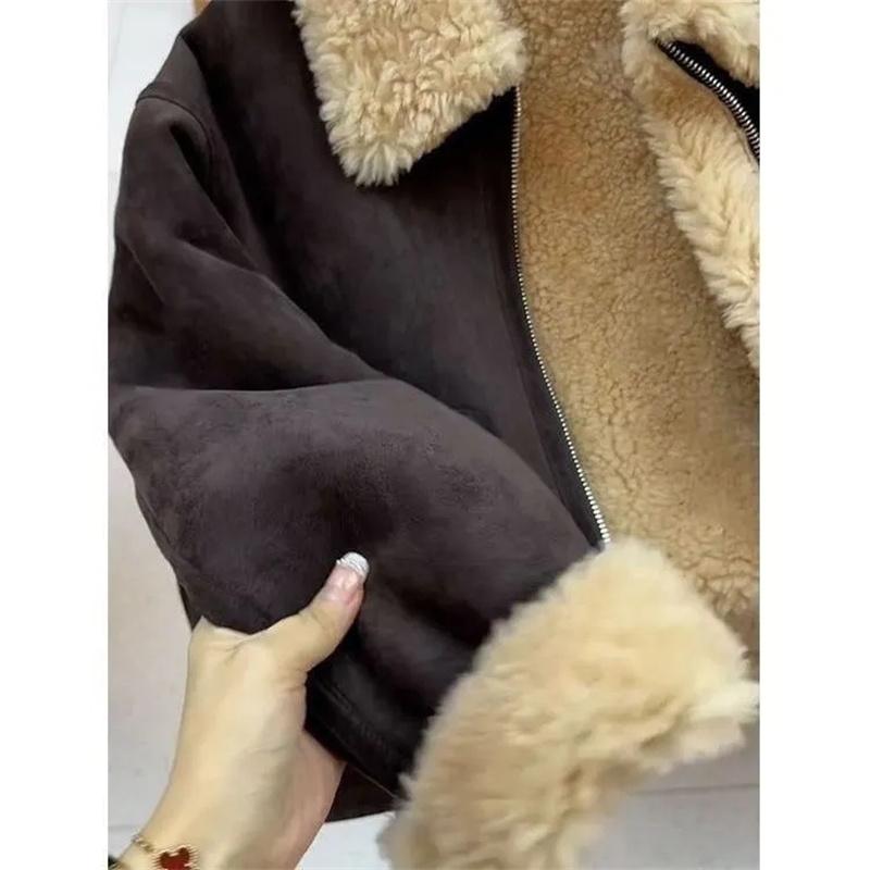 Lapel Fur One-piece Faux Fur Coat for Women Autumn Winter New Warm Thick Lamb Wool Versatile Jacket Top Fashion Outerwear